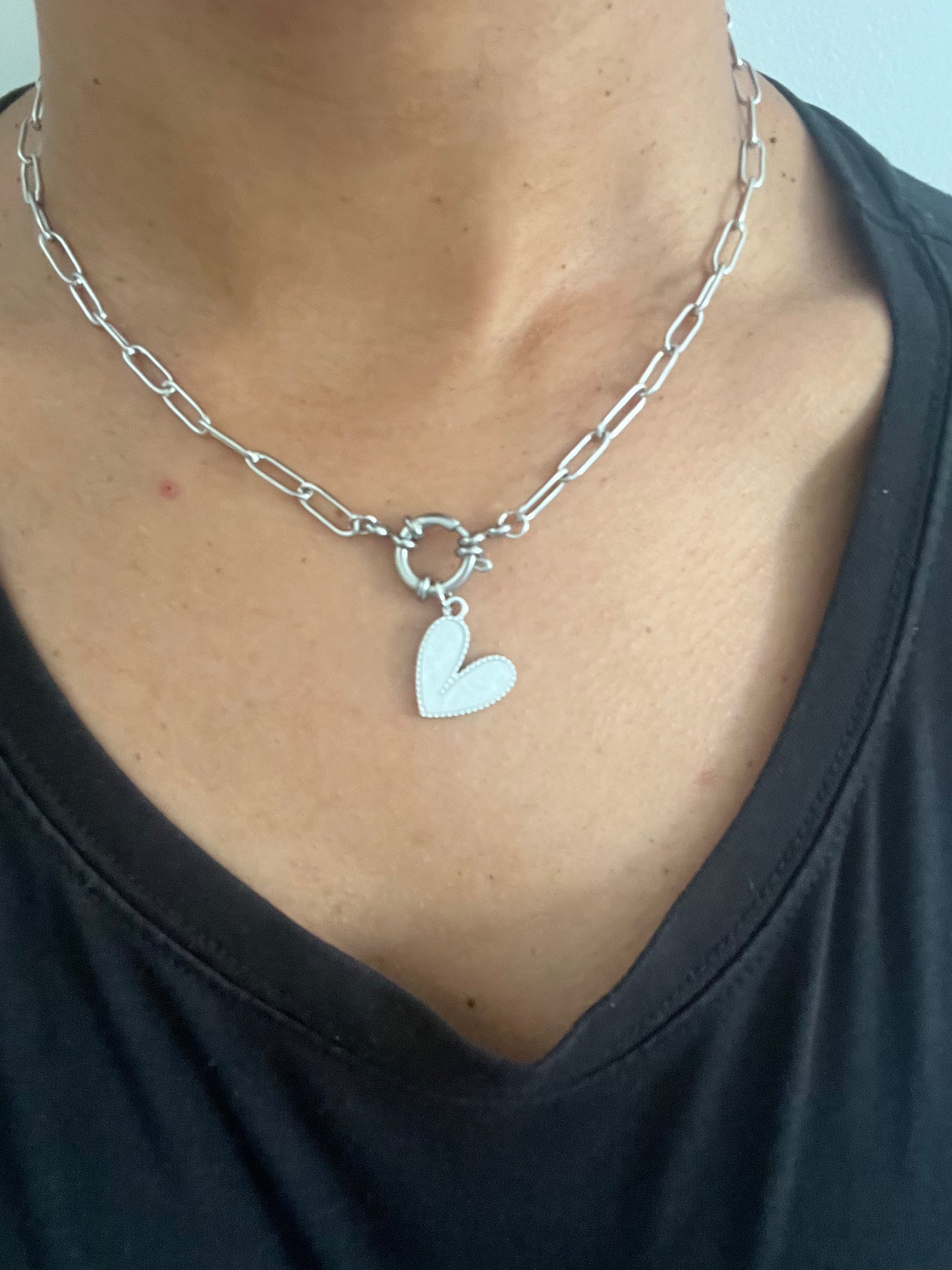 Collier breloques silver Coeur nacré